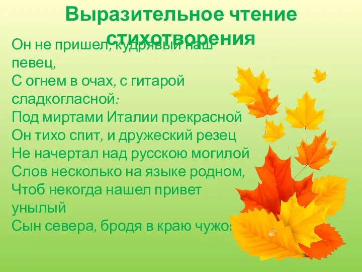 Выразительное чтение стихотворения Он не пришел, кудрявый наш певец, С