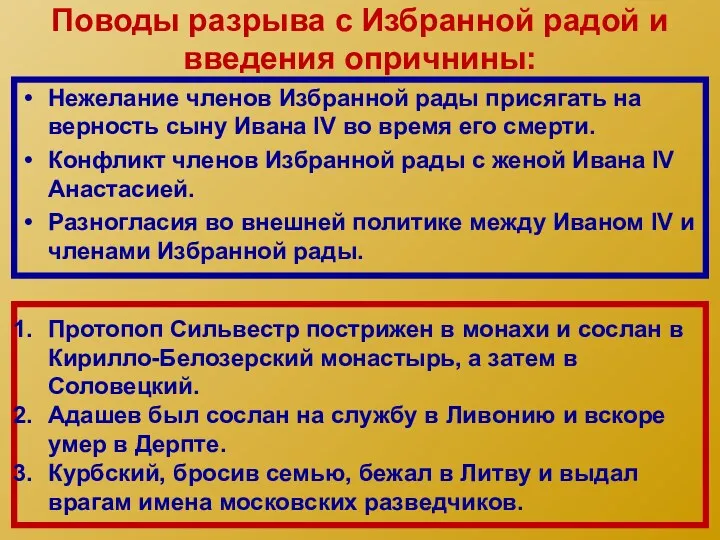 Поводы разрыва с Избранной радой и введения опричнины: Нежелание членов