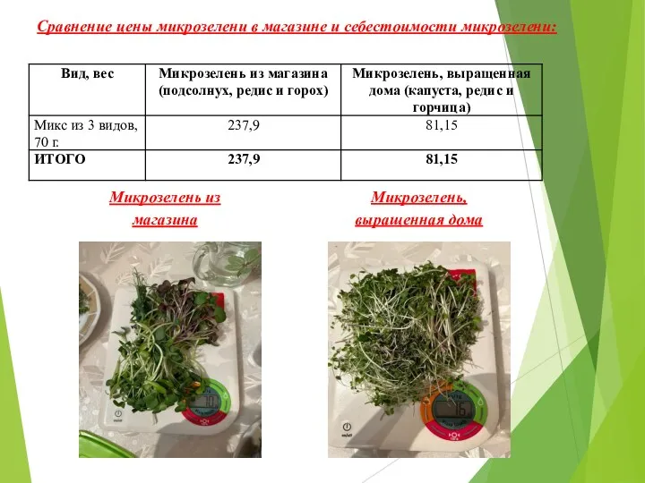 Сравнение цены микрозелени в магазине и себестоимости микрозелени: Микрозелень из магазина Микрозелень, выращенная дома