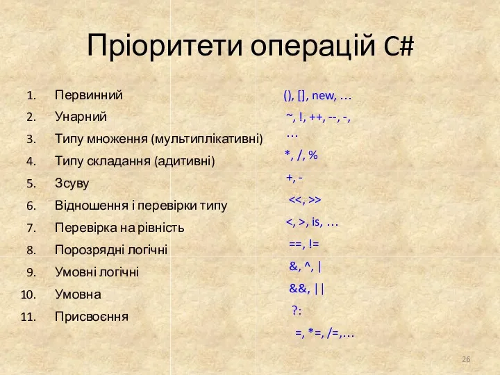 Первинний Унарний Типу множення (мультиплікативні) Типу складання (адитивні) Зсуву Відношення