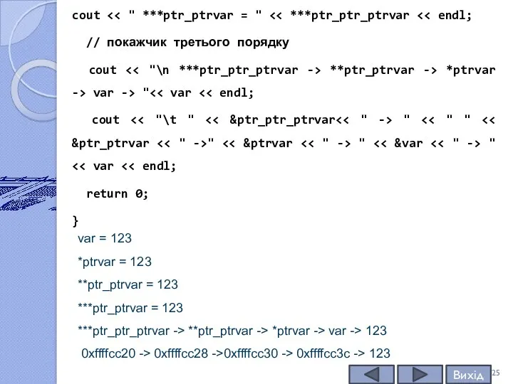 cout // покажчик третього порядку cout **ptr_ptrvar -> *ptrvar ->