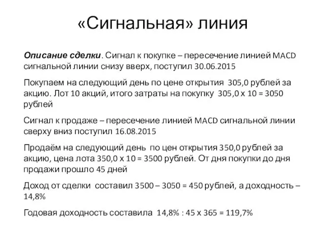 Описание сделки. Сигнал к покупке – пересечение линией MACD сигнальной