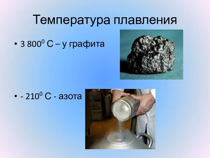 Температура плавления 3 8000 С – у графита - 2100 С - азота