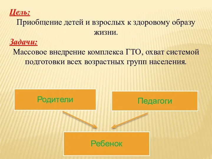 Цель: Приобщение детей и взрослых к здоровому образу жизни. Задачи: