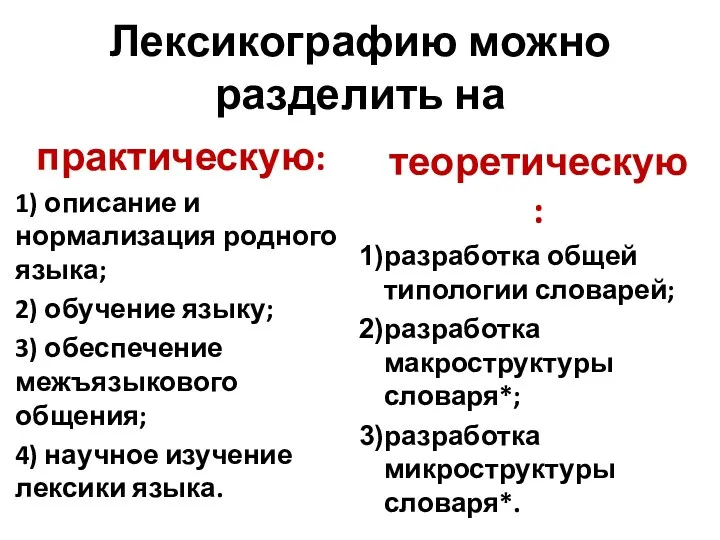 Лексикографию можно разделить на практическую: 1) описание и нормализация родного