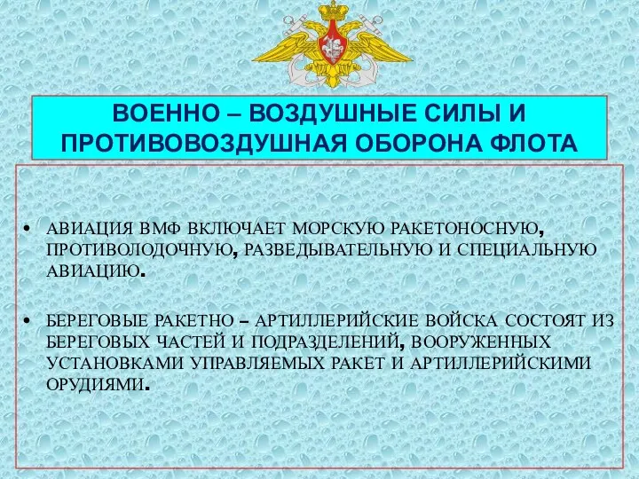 ВОЕННО – ВОЗДУШНЫЕ СИЛЫ И ПРОТИВОВОЗДУШНАЯ ОБОРОНА ФЛОТА АВИАЦИЯ ВМФ