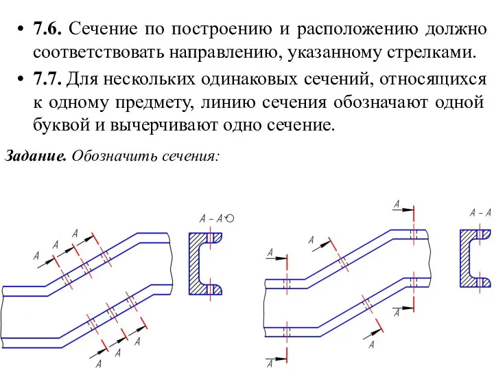 7.6. Сечение по построению и расположению должно соответствовать направлению, указанному