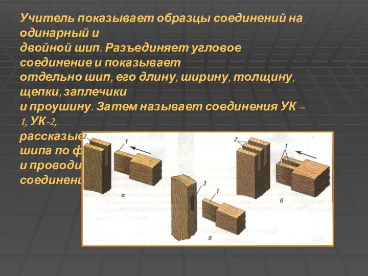 Учитель показывает образцы соединений на одинарный и двойной шип. Разъединяет