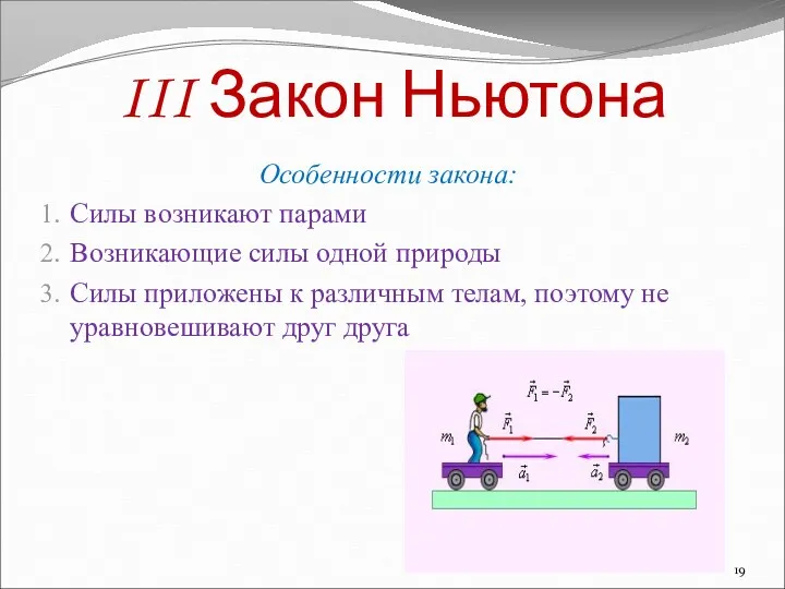 III Закон Ньютона Особенности закона: Силы возникают парами Возникающие силы