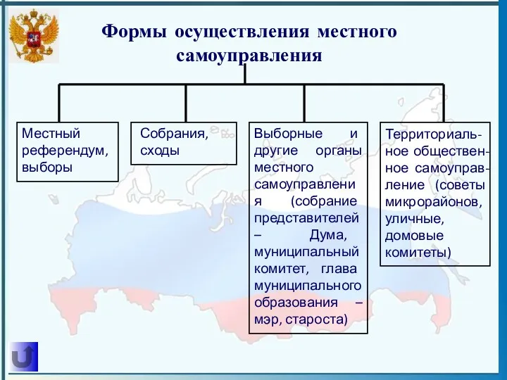 Формы осуществления местного самоуправления Местный референдум, выборы Собрания, сходы Выборные