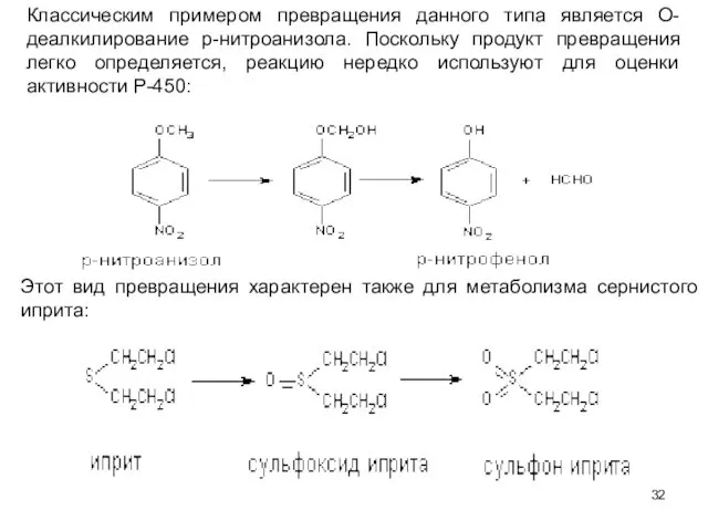 Классическим примером превращения данного типа является О-деалкилирование р-нитроанизола. Поскольку продукт превращения легко определяется,