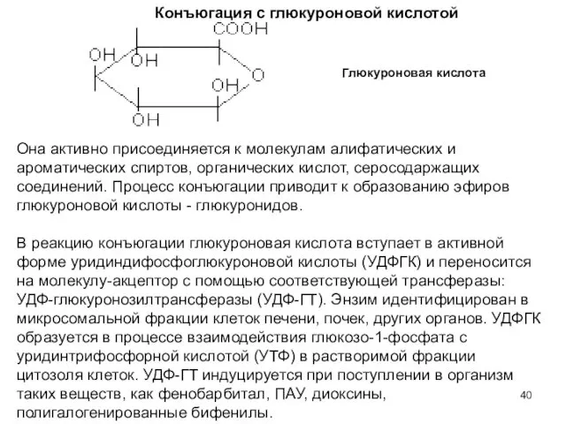 Конъюгация с глюкуроновой кислотой Глюкуроновая кислота Она активно присоединяется к молекулам алифатических и