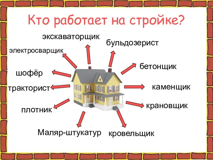 Кто работает на стройке? бульдозерист бетонщик каменщик крановщик кровельщик Маляр-штукатур плотник тракторист шофёр электросварщик экскаваторщик