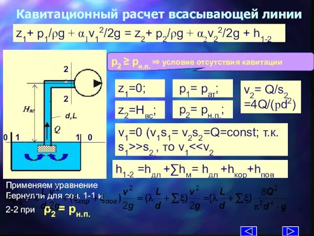 Кавитационный расчет всасывающей линии Применяем уравнение Бернулли для сеч. 1-1 и 2-2 при