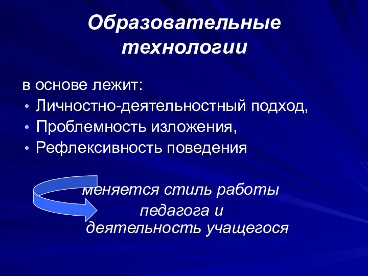 Образовательные технологии в основе лежит: Личностно-деятельностный подход, Проблемность изложения, Рефлексивность