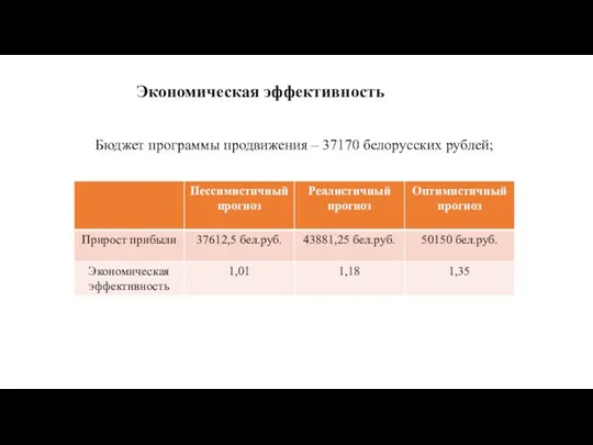 Бюджет программы продвижения – 37170 белорусских рублей; Экономическая эффективность