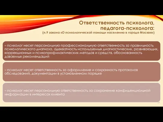 Ответственность психолога, педагога-психолога: (п.9 закона «О психологической помощи населению в городе Москве»)