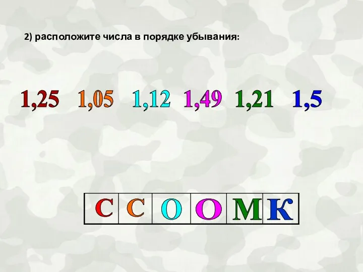 2) расположите числа в порядке убывания: 1,5 1,05 1,49 1,12 1,21 1,25 К