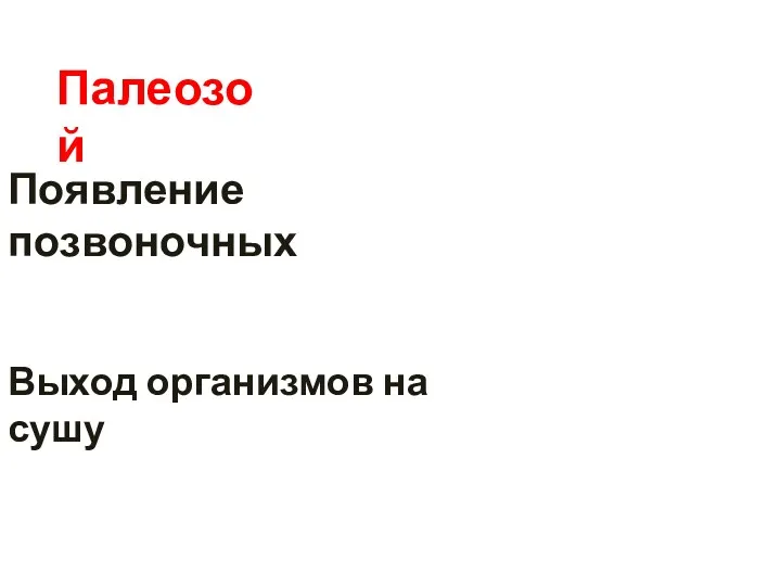 Появление позвоночных Выход организмов на сушу Палеозой