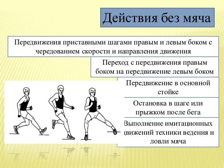 Действия без мяча Передвижения приставными шагами правым и левым боком