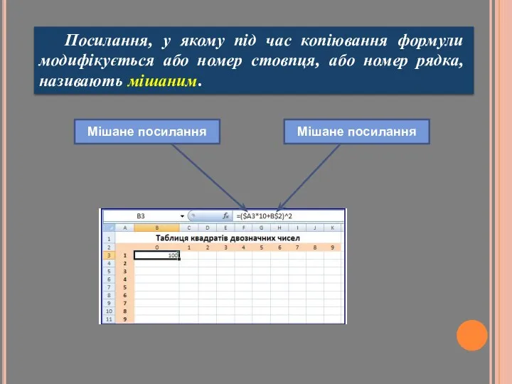 Посилання, у якому під час копіювання формули модифікується або номер стовпця, або номер рядка, називають мішаним.