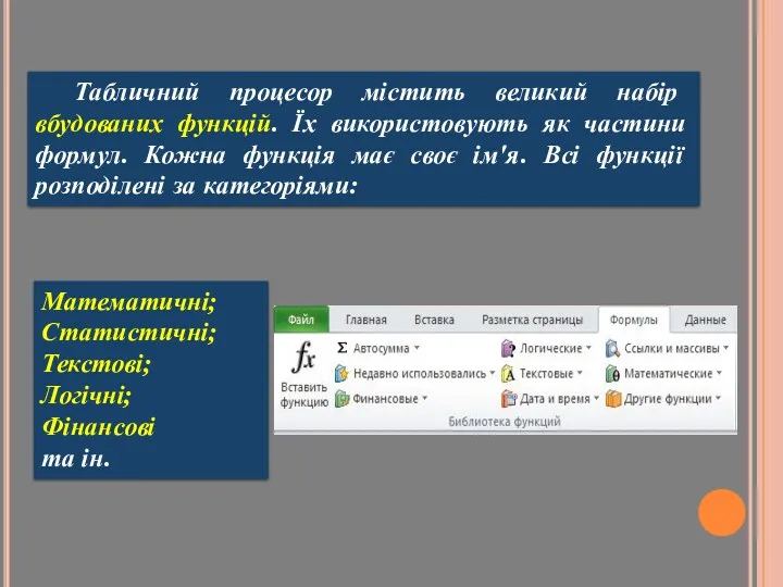 Табличний процесор містить великий набір вбудованих функцій. Їх використовують як