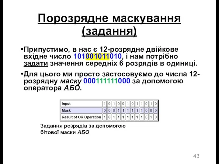 Порозрядне маскування (задання) Задання розрядів за допомогою бітової маски АБО