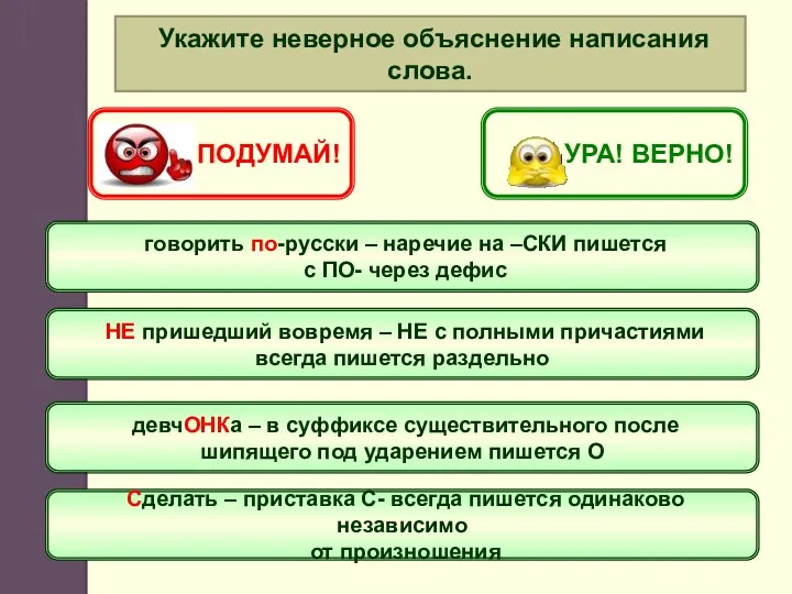 Укажите неверное объяснение написания слова. НЕ пришедший вовремя – НЕ