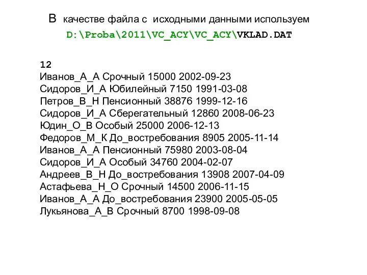 В качестве файла с исходными данными используем D:\Proba\2011\VC_ACY\VC_ACY\VKLAD.DAT 12 Иванов_А_А