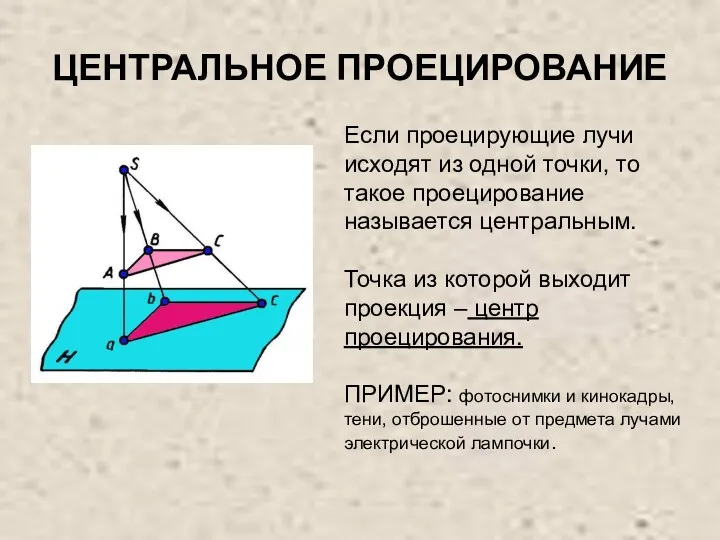 ЦЕНТРАЛЬНОЕ ПРОЕЦИРОВАНИЕ Если проецирующие лучи исходят из одной точки, то