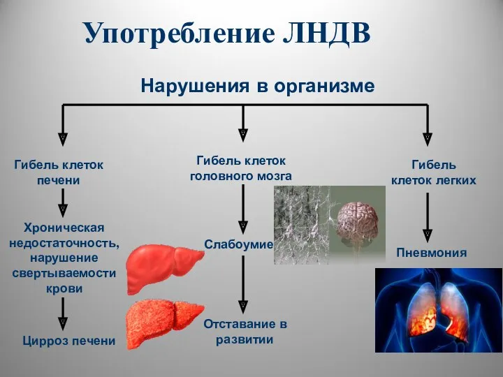 Употребление ЛНДВ Гибель клеток печени Хроническая недостаточность, нарушение свертываемости крови