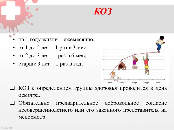 КОЗ на 1 году жизни – ежемесячно; от 1 до