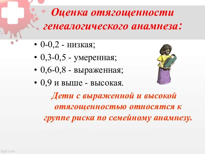 Оценка отягощенности генеалогического анамнеза: 0-0,2 - низкая; 0,3-0,5 - умеренная;