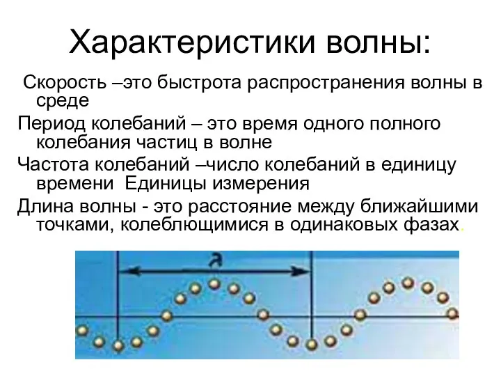 Характеристики волны: Cкорость –это быстрота распространения волны в среде Период