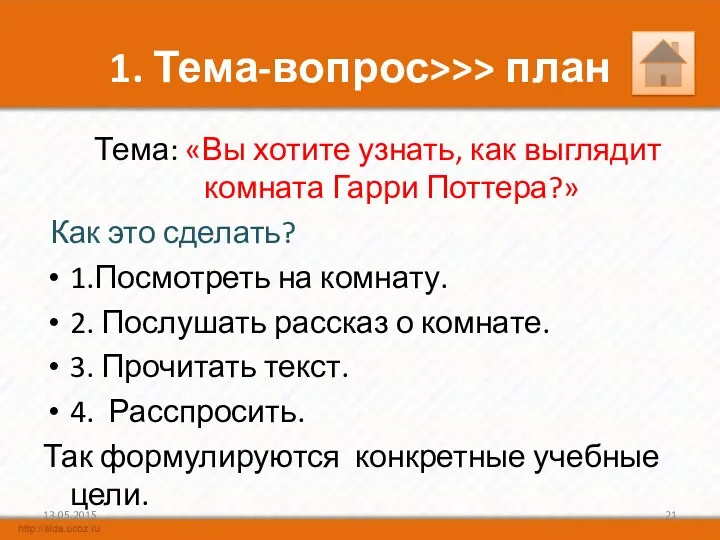 1. Тема-вопрос>>> план Тема: «Вы хотите узнать, как выглядит комната