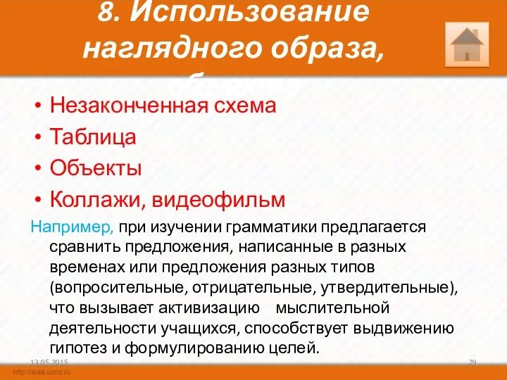 8. Использование наглядного образа, объекта Незаконченная схема Таблица Объекты Коллажи,