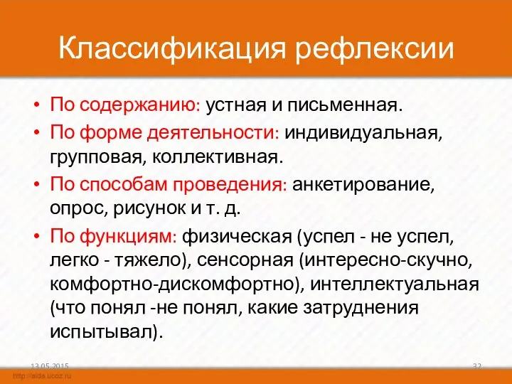 Классификация рефлексии По содержанию: устная и письменная. По форме деятельности: