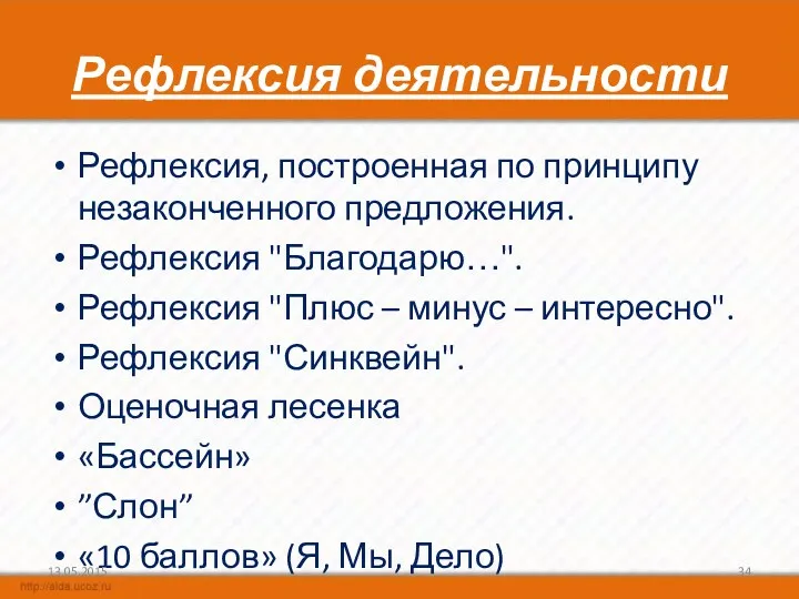 Рефлексия деятельности Рефлексия, построенная по принципу незаконченного предложения. Рефлексия "Благодарю…".