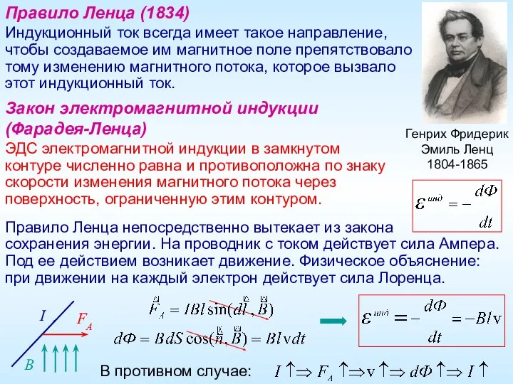 Правило Ленца (1834) Индукционный ток всегда имеет такое направление, чтобы создаваемое им магнитное