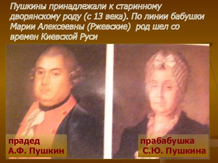 Пушкины принадлежали к старинному дворянскому роду (с 13 века). По
