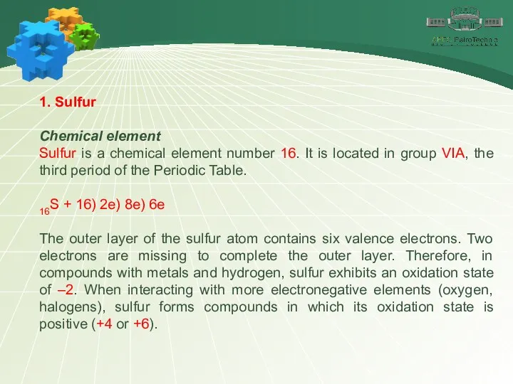1. Sulfur Chemical element Sulfur is a chemical element number