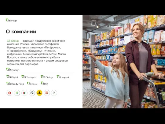 О компании Х5 Group — ведущая продуктовая розничная компания России. Управляет портфелем брендов