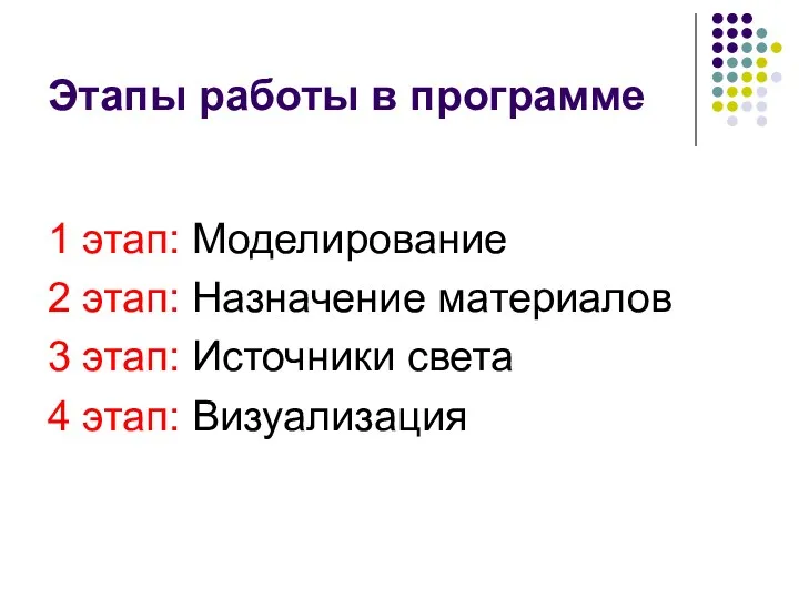 Этапы работы в программе 1 этап: Моделирование 2 этап: Назначение