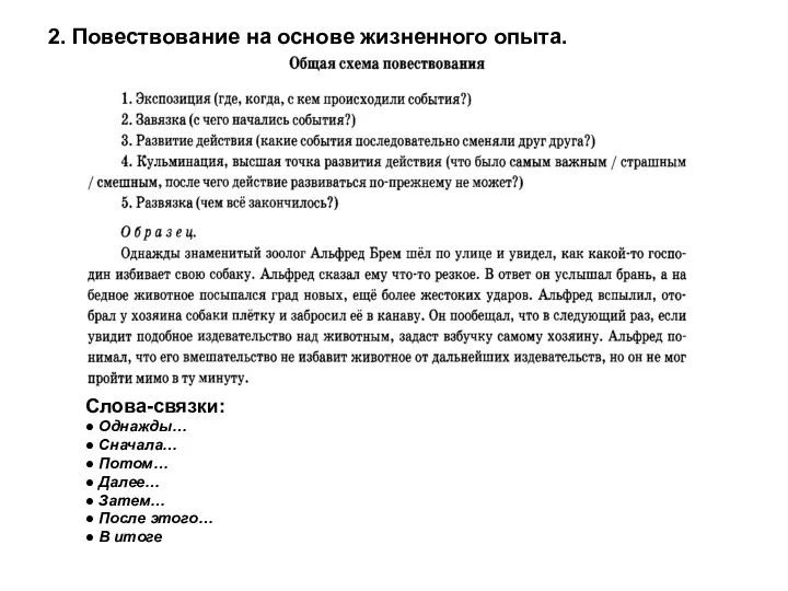 2. Повествование на основе жизненного опыта. Слова-связки: ● Однажды… ●