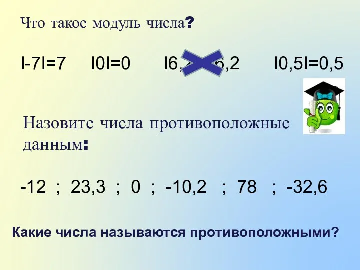 Что такое модуль числа? I-7I=7 I0I=0 I6,2I=-6,2 I0,5I=0,5 Назовите числа