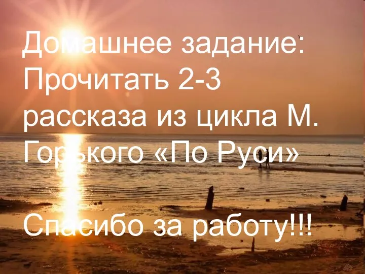 Домашнее задание: Прочитать 2-3 рассказа из цикла М. Горького «По Руси» Спасибо за работу!!!