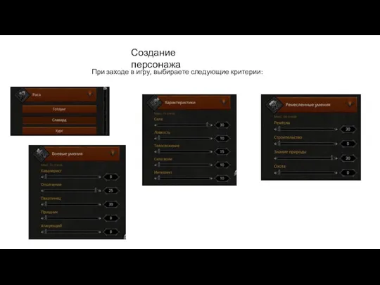 Создание персонажа 0При заходе в игру, выбираете следующие критерии: