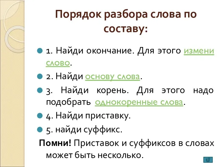 Порядок разбора слова по составу: 1. Найди окончание. Для этого