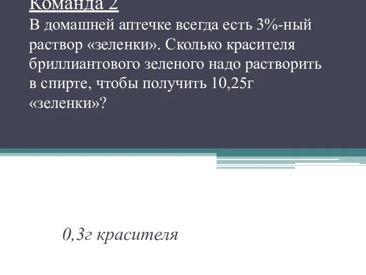 Команда 2 В домашней аптечке всегда есть 3%-ный раствор «зеленки».