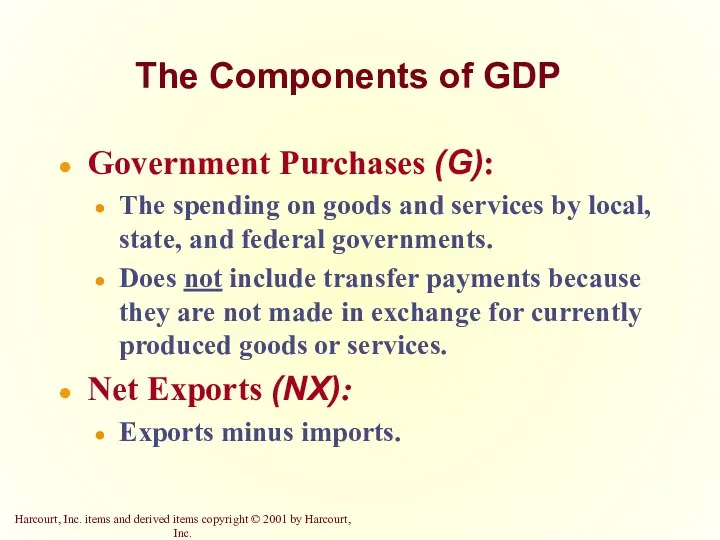 The Components of GDP Government Purchases (G): The spending on